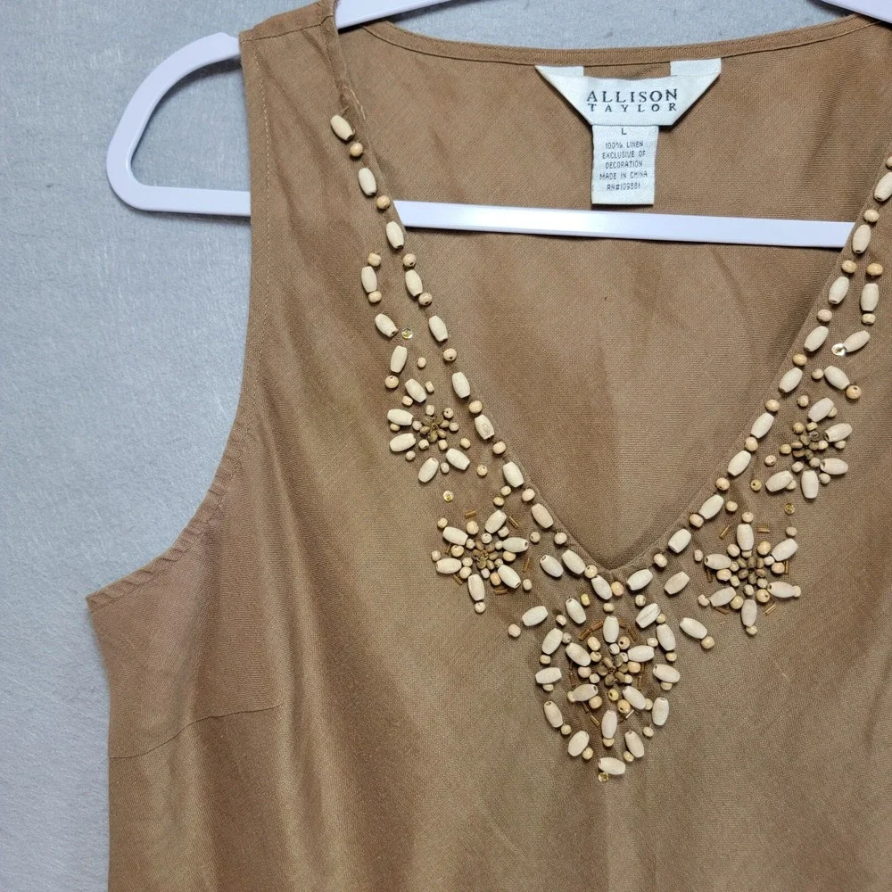 Allison Taylor Linen Tank‎ Top Womens L Beaded Sequin Tank Top Neutral Natural - Picture 3 of 12